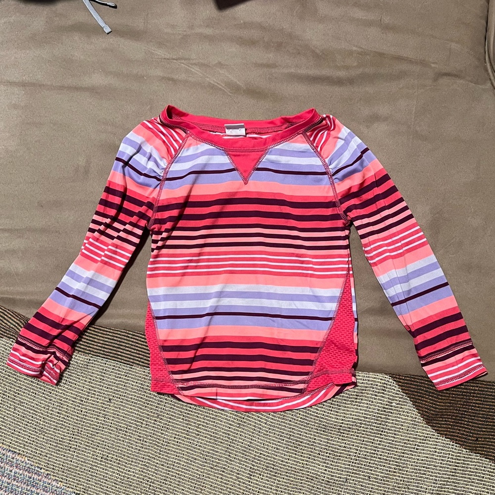 Rainbow stripe 3/4 girls workout top with mesh cut outs